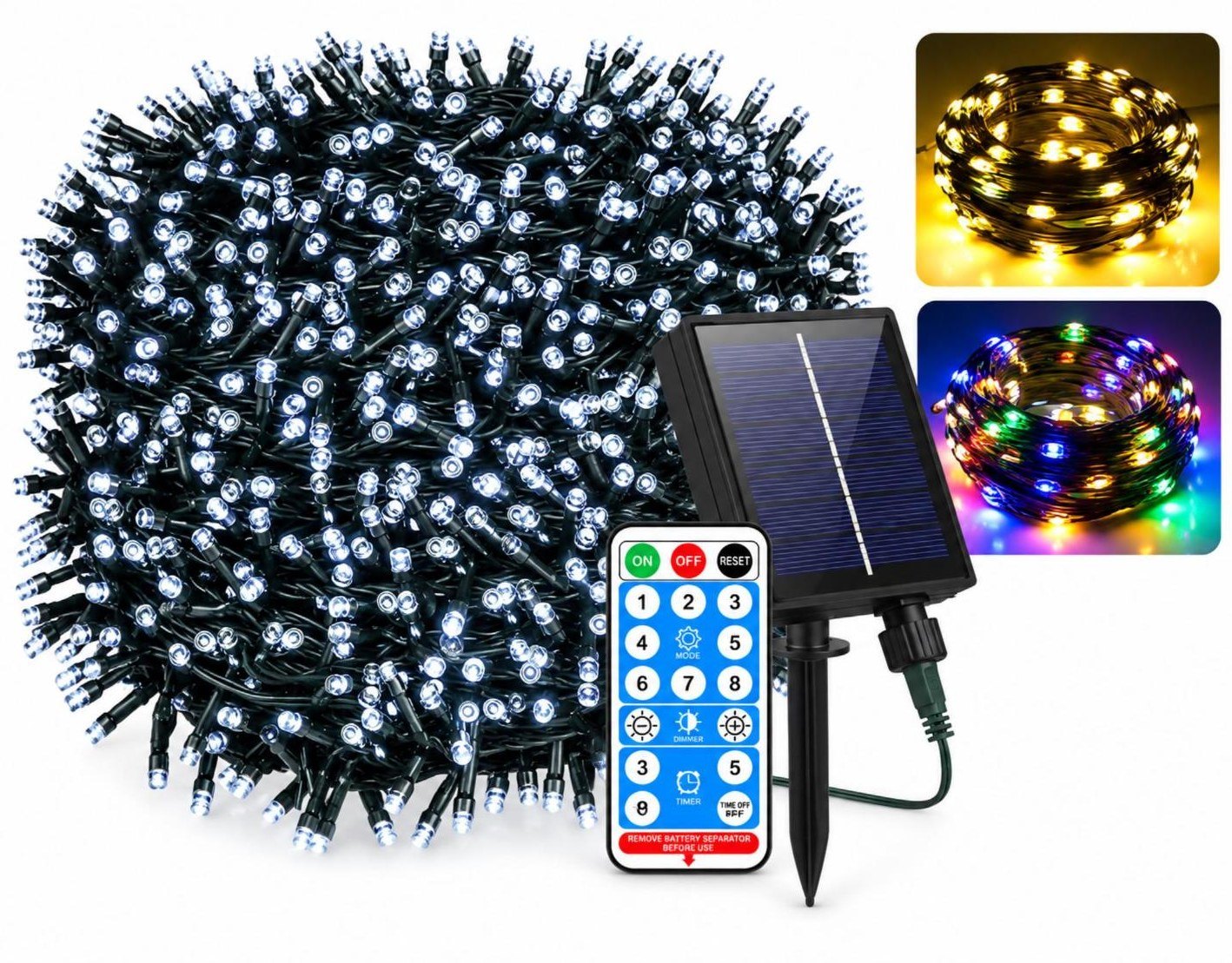 Luces navidad solares de 20 metros con panel solar, estaca y control remoto